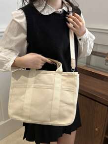 1 件大容量多口袋单肩包带隔层手提包耐用手柄米色多隔层手提包，多隔层妈咪包大容量外出帆布包手提包斜挎包手提包多隔层包 - 米色 - 查看 9