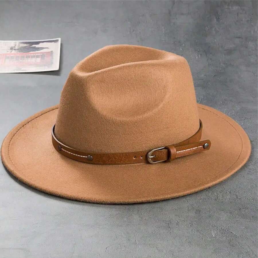 Men Women Panama Hat Casual Fedora Hat Stylish Leather Belt Design Wide Brim Jazz Cap - Lạc đà - Xem 1