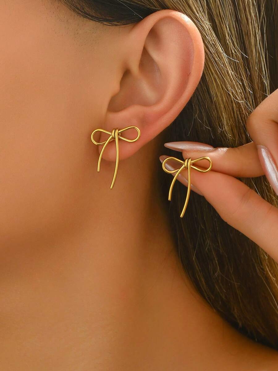 1 对女士优雅蝴蝶结耳钉，简约百搭，适合庆祝、派对、送礼 - 銀色 - 查看 1