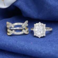 Two-Piece Engagement And Proposal Rings, A New Shiny Square Princess Ring Set With Synthetic Zirconia As A Valentine's Day And Christmas Gift - silvery - View 3