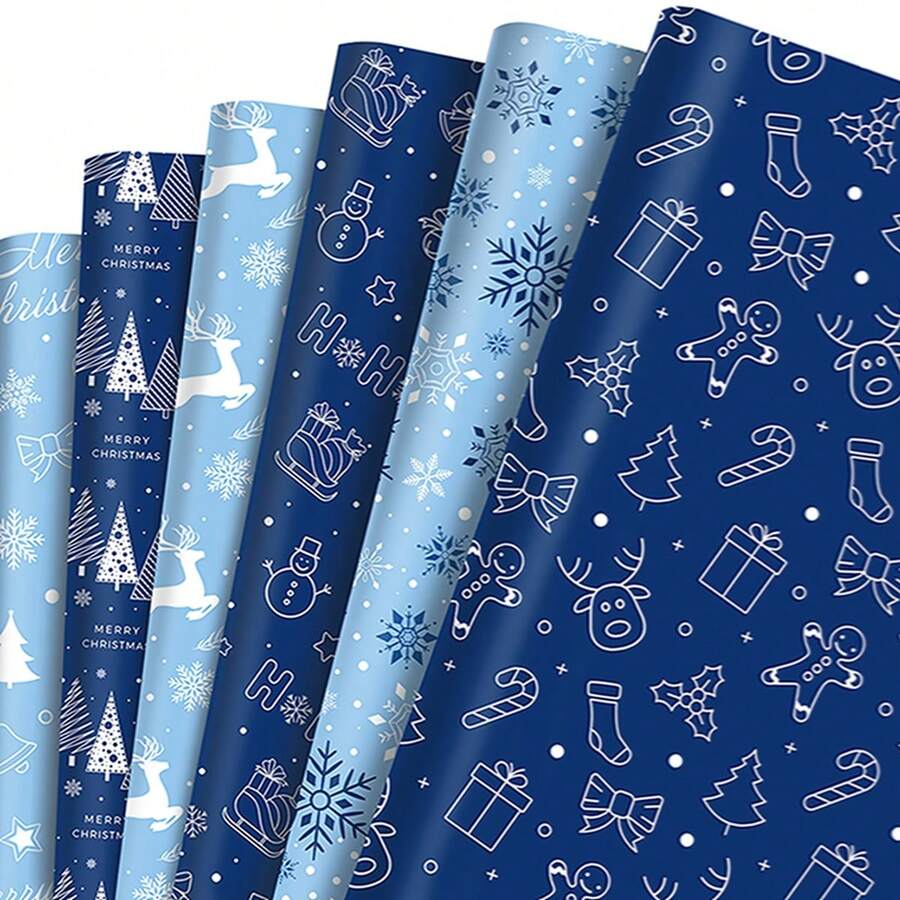 12 piezas Papel de regalo azul de Navidad - Patrón de copos de nieve y renos, para cajas de regalo, recuerdos y decoración, papel de regalo de Navidad, decoraciones de fiesta de Navidad, patrón aleatorio