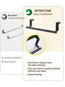 1 pieza Toallero de barra negra individual, se cuelga en la puerta del armario sin taladrar, accesorio para cocina y baño, gancho de baño, adecuado para dormitorio, cocina y comedor - Multicolor - Ver 8