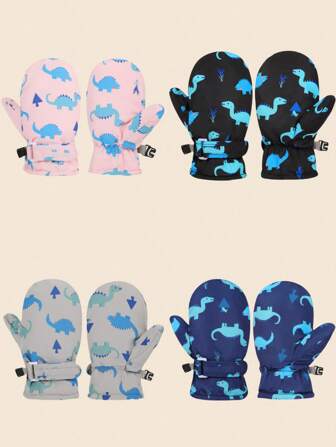 1双纯色恐龙图案加厚保暖冬季户外手套儿童手套