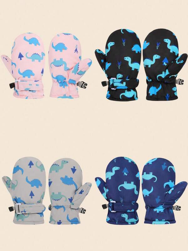 1 Pair Solid Color Dinosaur Pattern Thickened Warm Winter Outdoor Mittens Children Gloves