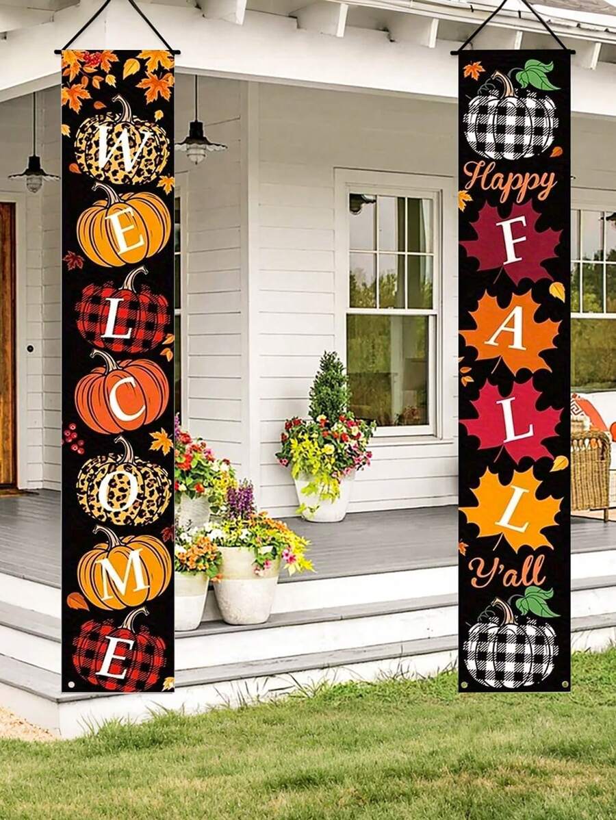 2 件/对 - 欢迎秋季派对横幅装饰门廊标志悬挂背景横幅，秋季门口窗帘横幅，水牛格子南瓜图案，室内/室外墙壁前门装饰，秋季装饰，家居装饰，万圣节，感恩节装饰 - 彩色 - 查看 1