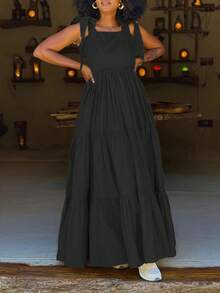 Plus Size Women's Solid Color Tie Shoulder Dress Elegant Prom Party Sleeveless Layered Hem Floor Length Maxi Dress - 黑色 - 查看 4