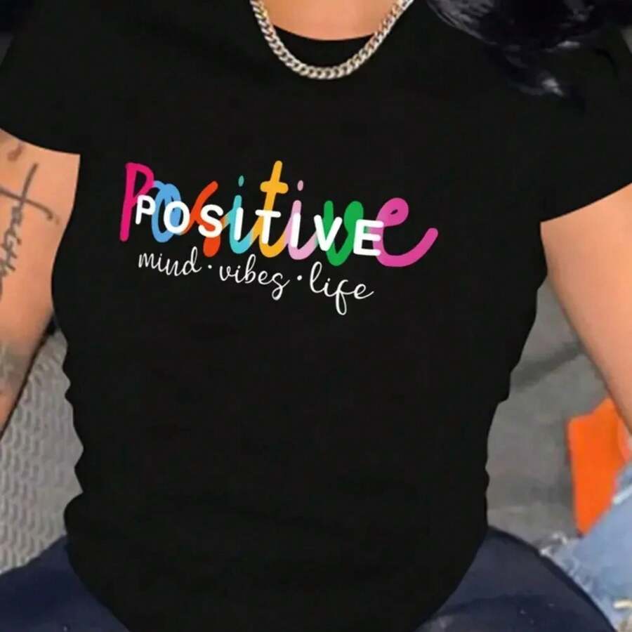 Neck Casual Top Women's Casual T-Shirt Creative O-Neck Positive Letter Print Sports T-Shirt Fashion Sleeve Round - 黑色 - 查看 1