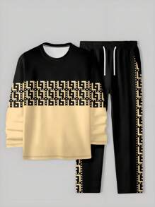 2pcs Men Gradient Color Print Crew Neck Sportswear, Casual Sweatshirt And Pants Set, Suitable For Outdoor And Sports,Fall Clothes