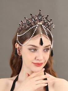 1pc Women's Baroque Tassel Crown, Elegant Pearl Headpiece, Goddess Tiara, Black Vintage Costume Accessory - màu đen - Xem 2