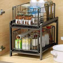 Under Cabinet Organizer Kitchen Cabinet With 2 Levels Kitchen Shelf Worktop Metal Undersink For Kitchen Bathroom - màu đen - Xem 2