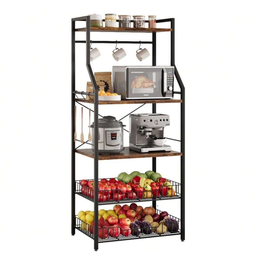 Kitchen Baker's Rack, Microwave Stand With 2 Large Wire Baskets, Industrial Coffee Bar Station, 5-Tier Kitchen Shelf With 8 Hooks For Spices, Pot Organizer - 復古色 - 查看 1