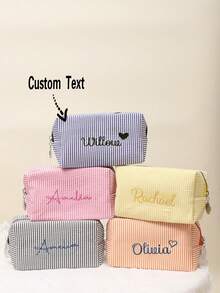Embroidered Seersucker Cosmetic Bag, (Large + Small) Personalized Seersucker Cosmetic Bag, Custom Embroidered Toiletry Bag, Cosmetic Bag, Bridesmaid Gift, Bridal Party Gift, Cosmetic Storage Bag - Multicolor - View 9