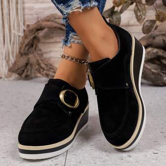 Sapatos Slip-On com Fivela Quadrada para Mulheres, Sapatos Casuais Retrô com Bico Fino, Plataforma e Sola Grossa, Primavera e Outono