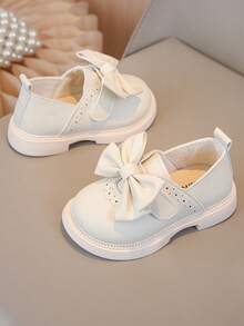 1 Pair Girls' Beige Bow Decor Princess Style Fashion Flat Shoes, Suitable For Back To School, Elementary Students - Beige - View 3