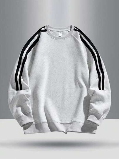 Fashionable High Street Contrast Color Stripe Decor Ribbed Cuff & Hem Outdoor Casual Pullover Sweatshirt For Teenagers, Spring/Autumn