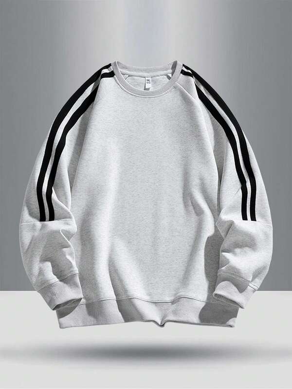 Fashionable High Street Contrast Color Stripe Decor Ribbed Cuff & Hem Outdoor Casual Pullover Sweatshirt For Teenagers, Spring/Autumn