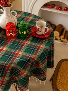 1pc Christmas Green Plaid Tablecloth, Round Table Cover, 47/55inch Diameter, Thick Woven Brushed Fabric, Suitable For Home, Kitchen, Dining Room, Dinner, Gathering, Holiday, Party, Autumn, Christmas, New Year Decoration, Happy New Year