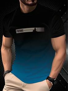 Men's Casual Round Neck Short Sleeve T-Shirt, Ombre Color & Letter Graphic Design, Lightweight Smooth Fabric - Multicolor - View 2