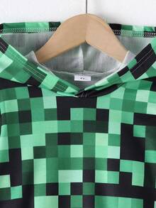 2pcs/Set Boys' Mosaic Plaid Print Long Sleeve Hoodie Sweatshirt + Mosaic Plaid Print Patchwork Solid Color Pants, Autumn/Winter - Green - View 3