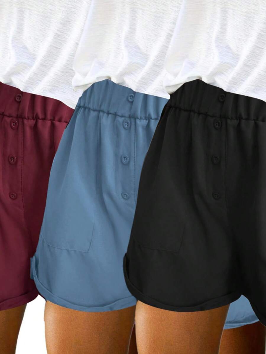 Three-Pack Women's Shorts Summer Casual Elastic High Waist Comfortable Light Breathable Fabric Shorts With Pockets - 混合色 - 查看 1