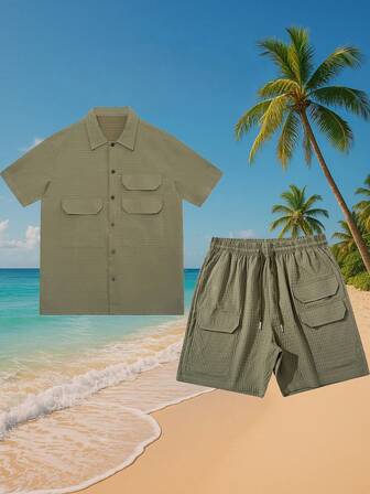 Men's Solid Color Cargo Pocket Short Sleeve Shirt And Shorts 2 Pieces Casual Set