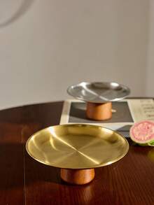 Cirelle 1pc Stainless Steel Cake Stand With Wooden Base, Dessert Display Platter, Multifunctional Fruit Tray, Suitable For Tabletop Decor, Home And Kitchen Dining Plate, Use Back To School - Multicolor - View 1