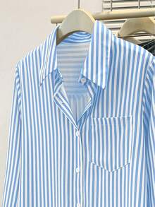 女士休闲基本款条纹尖领长袖衬衫上衣，带纽扣口袋，日常办公室穿着秋冬春装​ - 藍色 - 查看 3