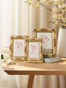 1 件欧式长方形金玫瑰浮雕装饰相框，3D 玫瑰图案照片展示框，适合家庭照片展示和摄影装饰 - 金色 - 查看 3