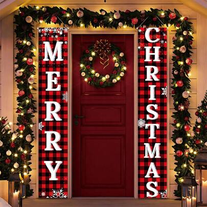 1 paire de couplets à carreaux rouges et noirs de Noël - Décoration de porte extérieure en lin imperméable avec pendentif cloche, bannière de Noël. Convient pour la porte d'entrée, le porche, le jardin, le garage, le mur du salon et la décoration de fête de Noël