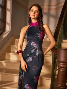 Faeriesty 精致女士新款中式旗袍，立领、无袖剪裁和侧开衩 - 非常适合精致的正式活动、优雅的婚礼、迷人的晚宴、高端派对、商务宴会和著名的颁奖典礼 - 黑色 - 查看 6