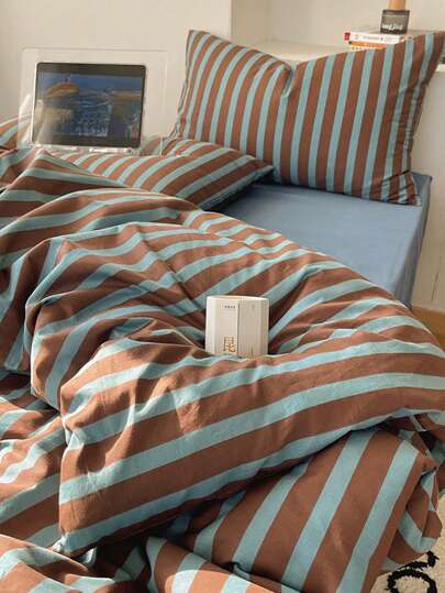 3pcs 100% Cotton Nordic Style Blue & Beige Striped Bedding Set, 2 Pillowcases + 1 Duvet Cover