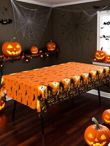 1pc Disposable Halloween Tablecloth, Bat Skull Haunted House Pumpkin Cobweb Bloody Handprint Pattern Print, Suitable For Halloween Decoration, Birthday Party Decor - Multicolor - View 2
