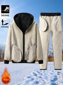 1 Conjunto Terno Esportivo com Forro de Fleece com Capuz para Homens, Outono/Inverno, Conjunto de 2 Peças À Prova de Vento para Ciclismo, Caminhada, Pesca ao Ar Livre