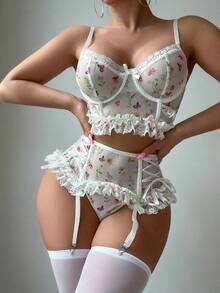 2025 New Summer Sexy Floral Lace Lingerie Set, 5 Pieces