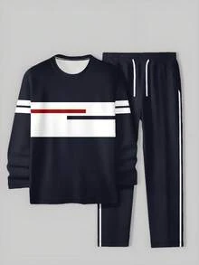 男士运动服两件套，时尚撞色休闲卫衣和运动裤套装，适合户外运动。 - 藏蓝色 - 查看 3