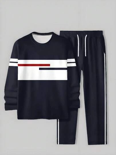 男士运动服两件套，时尚撞色休闲卫衣和运动裤套装，适合户外运动。
