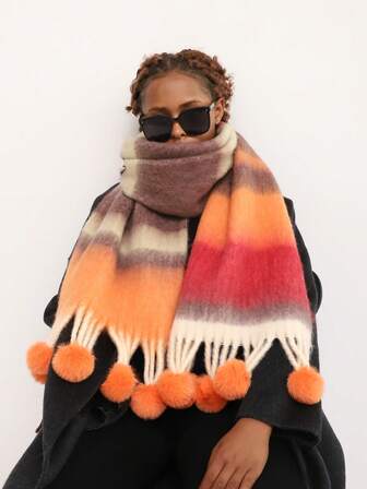 Boho 1 新款女式蓬松宽松多巴胺彩色条纹长围巾，带球状流苏，加厚保暖毯式围巾，用途广泛，适合冬季日常穿着。