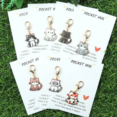 1pc/7pcs Mini Cute Kitten Pendant Keychain Cartoon Cute Cat Image With Love Pocket Card 'Give You A Little Hug' Suitable For Birthday Party, Wedding, Valentine's Day, New Year Party And Other Occasions Bag Accessories Lanyards With Id Holder Car Accessories Bag Charms