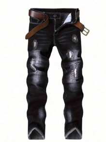 男士弹力紧身黑色牛仔裤，休闲时尚常规版型 - 黑色 - 查看 1