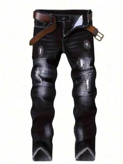 男士弹力紧身黑色牛仔裤，休闲时尚常规版型