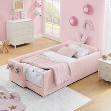 YOGLAD Twin Size Upholstered Platform Bed Frame With Cute Rabbit Ear Shaped Headboard & Safety Rails, Kids Bed With Storage Drawers, Boucle Fabric, Soft Plush Headboard, No Box Spring Needed, Easy Assembly, Modern Nursery Bedroom Furniture For Girls Boys Toddlers - 粉色 - 查看 1
