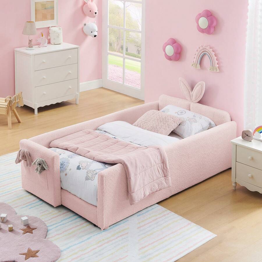 YOGLAD Twin Size Upholstered Platform Bed Frame With Cute Rabbit Ear Shaped Headboard & Safety Rails, Kids Bed With Storage Drawers, Boucle Fabric, Soft Plush Headboard, No Box Spring Needed, Easy Assembly, Modern Nursery Bedroom Furniture For Girls Boys Toddlers - 粉色 - 查看 1