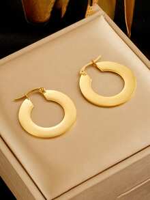1对时尚简约高端别致几何光滑不锈钢金属金色圆环耳环，适合女性日常佩戴 - 耳環 - 查看 1