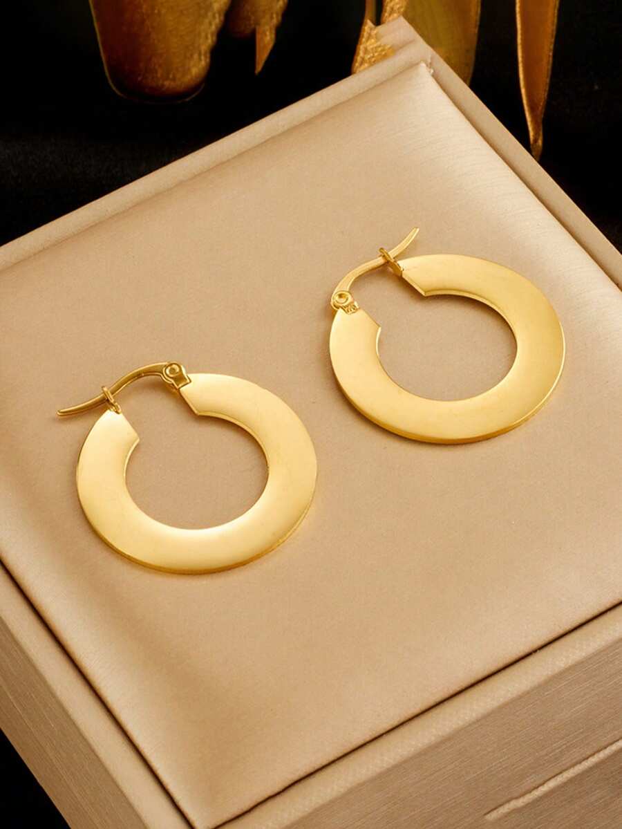 1对时尚简约高端别致几何光滑不锈钢金属金色圆环耳环，适合女性日常佩戴 - 耳環 - 查看 1