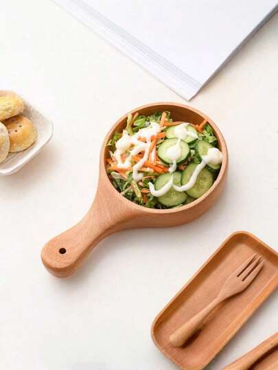 1pc Wooden Salad Bowl With Handle, Kitchenware For Fruit, Pizza, Pickles