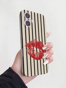 1pc Minimalist Striped Red Lip Pattern Glossy Hard Phone Case Compatible With IPhone 11, 12, XR, 13, 13 Pro, 13 Pro Max, 14, 14 Pro, 14 Pro Max, 15, 15 Pro, 15 Plus, 15 Pro Max, 16, 16 Pro, 16 Plus, 16 Pro Max, 16e - Multicolor - View 2