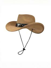 1pc Unisex Faux Suede Cowboy Hat With Leather Decoration, New Vintage Cyberpunk Bohemian Style Adjustable Wide Brim Hat, Fashionable Street Style, Gift For Men, Suitable For Parties, Western Themed Events, Gatherings, Cosplay, Graduation, Masquerade, Festivals, Birthdays, Music Festivals, Hiking