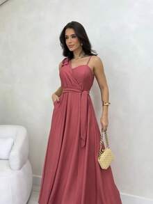 Women's Long Dress With Straps, Elegant Bow, Chic Party, Wedding, Graduation, Evangelical Fashion, Bojo - 熱帶粉紅色 - 查看 1