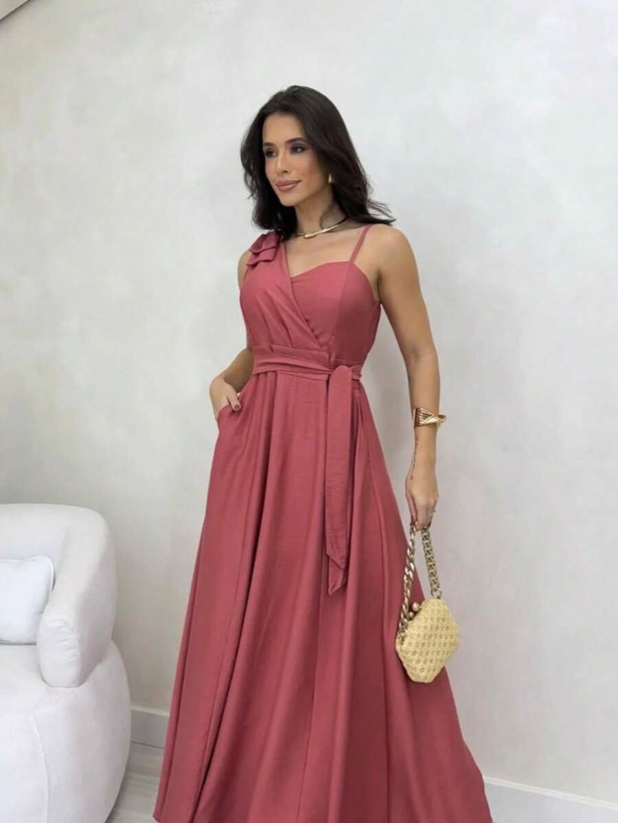 Women's Long Dress With Straps, Elegant Bow, Chic Party, Wedding, Graduation, Evangelical Fashion, Bojo - 熱帶粉紅色 - 查看 1
