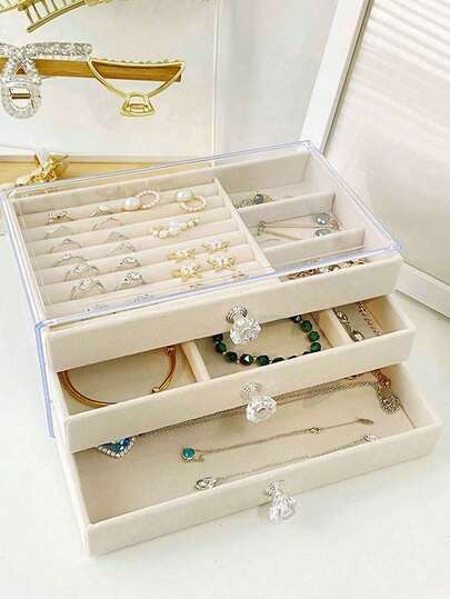 1 件亚克力法兰绒三层抽屉首饰盒、抽屉式首饰收纳盒、项链耳环戒指首饰收纳盒、可堆叠收纳首饰盒、大容量首饰收纳盒、浴室收纳盒、返校礼品盒、桌面收纳抽屉盒、女士和女孩的礼物、夏季收纳整理器、返校礼物